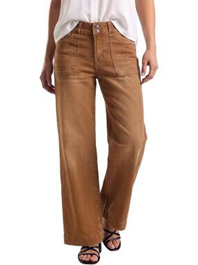 Women's Brown Elastic High Waisted Stretchy Front Big Pocket Straight Leg Jeans